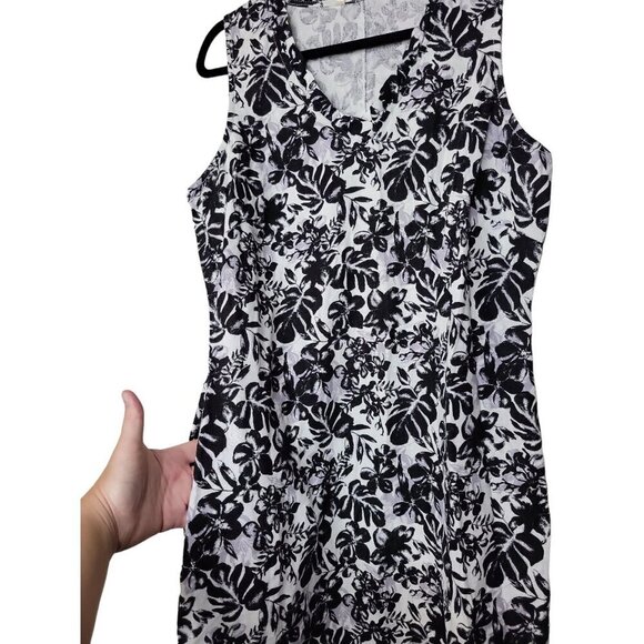 Briggs Tropical Linen Blend Shift Dress Black White Pullover V Neck Sleeveless - Picture 4 of 9